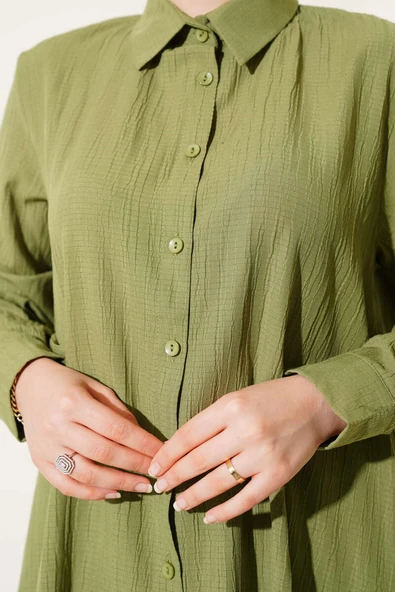 Düğmeli Ağaç Kabuğu İkili Takım Yeşil - Resim 4