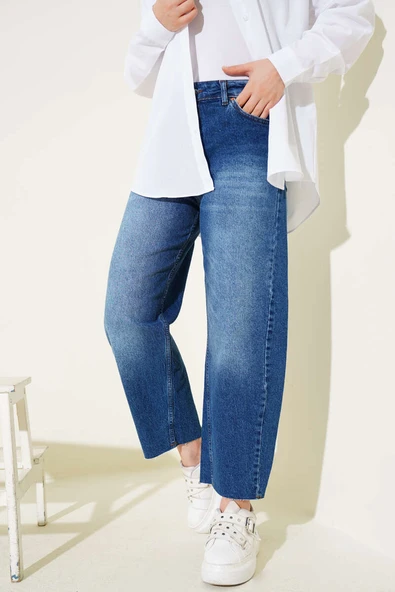 Kesik Paça Baggy Fit Kot Pantolon Mavi - Resim 2