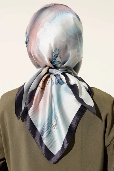 Çiçek Desen Twill Eşarp Lacivert - Resim 3