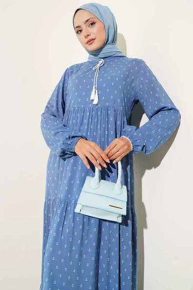 Yaka İpli Çapa Desenli Elbise İndigo - Resim 2