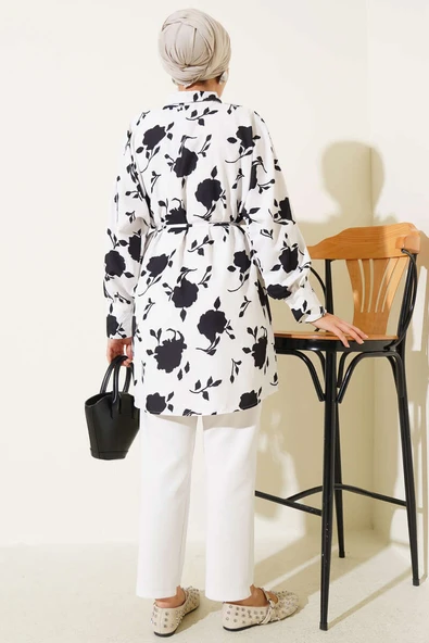 Minik Yaprak Desenli İp Kuşaklı Gömlek Siyah - Resim 3