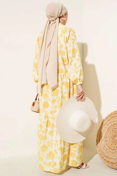 Yarım Düğmeli Ebruli Desen Elbise Sarı - Resim 3