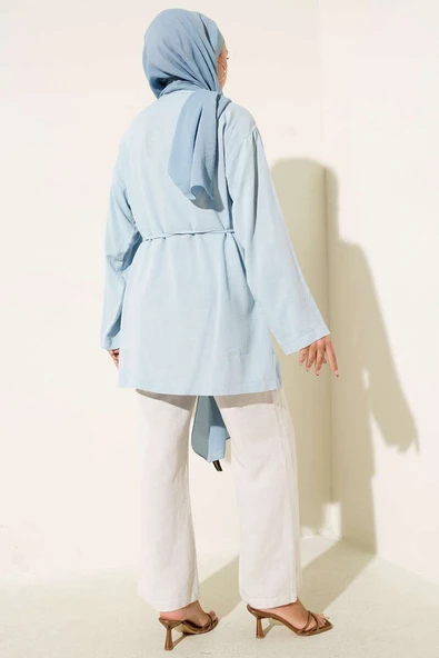 Önü Düğme Detaylı Keten Tunik Mavi - Resim 3