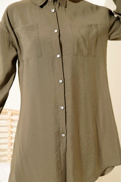 Taş Düğmeli Uzun Tunik Haki - Resim 4