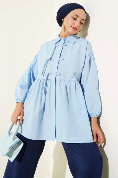 Gizli Düğmeli Top Düğmeli Gömlek Mavi ürün görseli 1