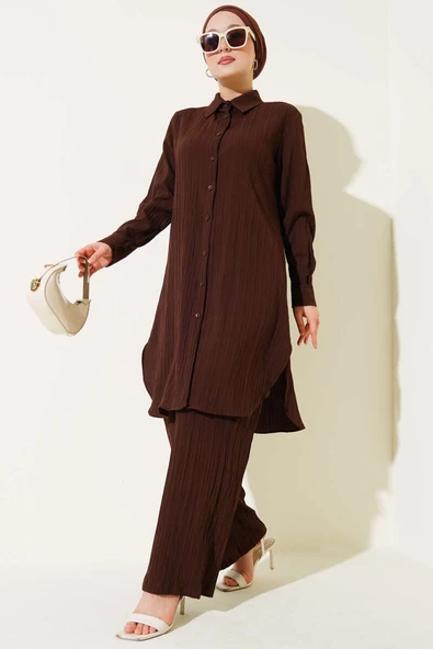 Düğmeli Ağaç Kabuğu İkili Takım Kahve ürün görseli 1