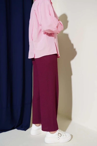 Bel İp Detaylı Bürümcük Pantolon Mürdüm - Resim 3