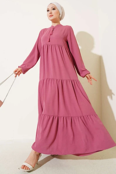 Yaka İp Bağcık Detaylı Kat Elbise Gül Kurusu ürün görseli 1