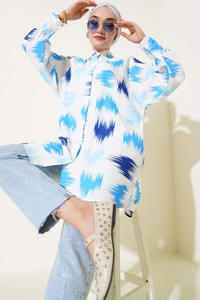 Fırça Desenli Bilek Manşetli Gömlek Mavi ürün görseli 1