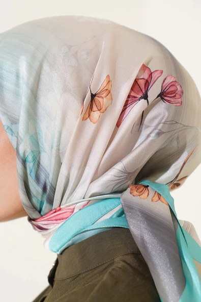 Çiçek Desen Twill Eşarp Mint - Resim 4