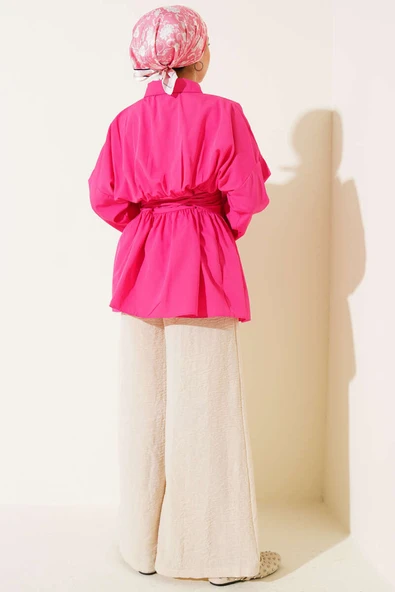 Kendinden Kuşaklı Önü Büzgülü Tunik Fuşya - Resim 3