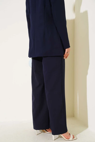 Pile Detaylı İp Kuşaklı Pantolon Lacivert - Resim 3