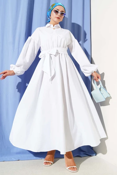 Yarım Fermuarlı Balon Kol Terikoton Elbise Beyaz ürün görseli 1