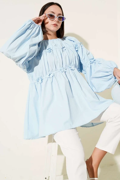 Çiçek Detaylı Kol Lastikli Tunik Bebe Mavi ürün görseli 1