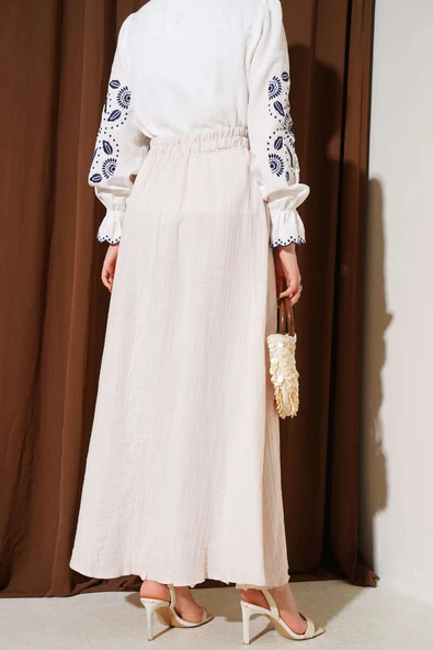 Bel Lastikli Müslin Etek Bej - Resim 3