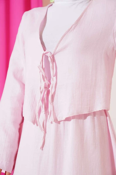 İp Bağcık Kimono Etekli İkili Takım Pembe - Resim 4