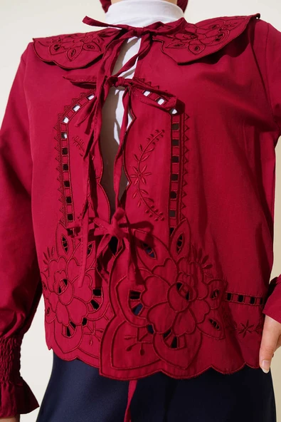 Bebe Yaka Nakışlı Bağlamalı Bluz Bordo - Resim 4