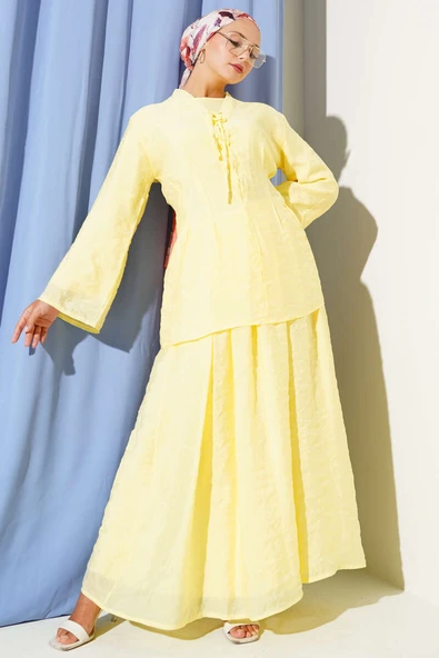 Yaka İp Bağlamalı Etekli Üçlü Takım Sarı ürün görseli 1