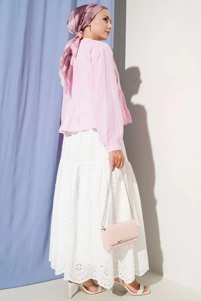 Dantel Detaylı Kısa Bluz Pembe - Resim 3
