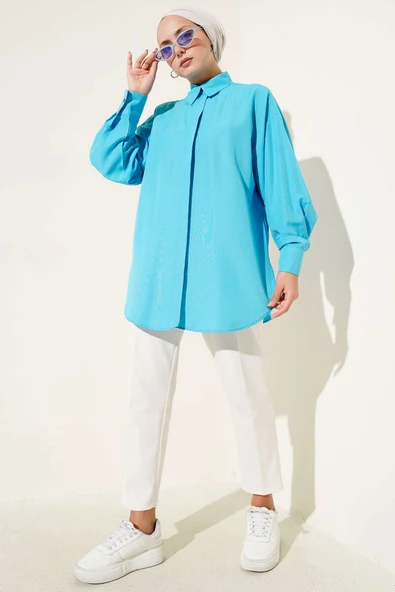 Basic Gizli Düğmeli Gömlek Turkuaz - Resim 2