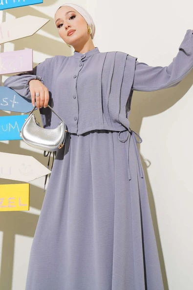 Önü Pile Detaylı Bolerolu Elbise Gri ürün görseli 1