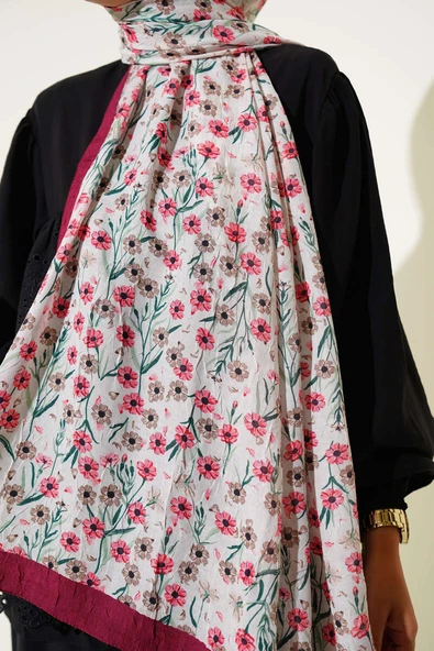 Papatya Desen Bambu Kraş Şal Ekru - Resim 4