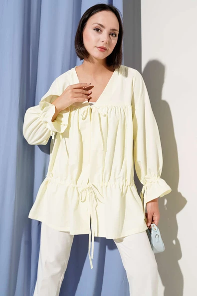 Tünelli Büzgülü Kimono Sarı