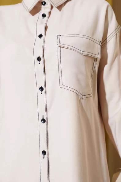 Gömlek Yaka Tek Cepli İkili Takım Bej - Resim 4