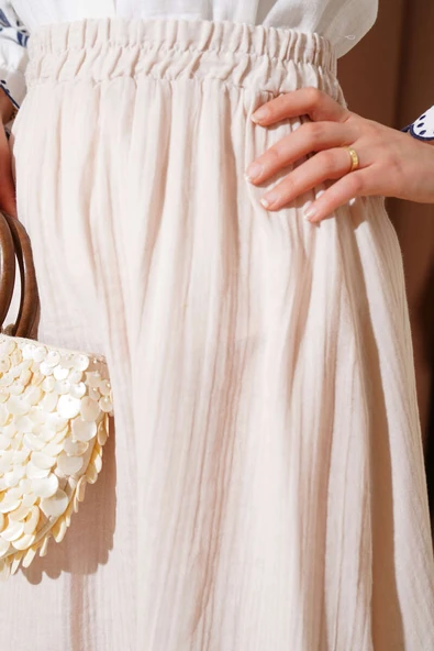 Bel Lastikli Müslin Etek Bej - Resim 4