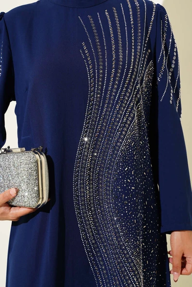 Mini Taş Süslemeli Abiye Elbise Lacivert - Resim 4