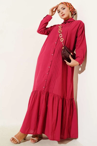 Gömlek Yaka Önü Pileli Elbise Lacivert Bordo ürün görseli 1