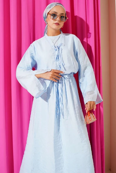 Yaka İp Bağlamalı Etekli Üçlü Takım Mavi - Resim 2