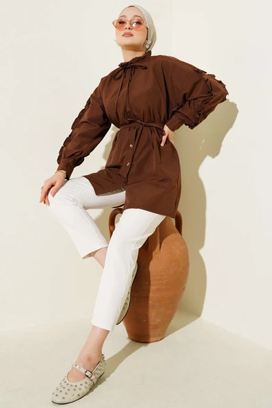 Kol Fırfırlı İp Kuşaklı Gömlek Kahve - Resim 2