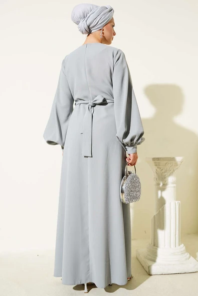 Taş Şerit Geçişli Kuşaklı Abiye Elbise Gri - Resim 3