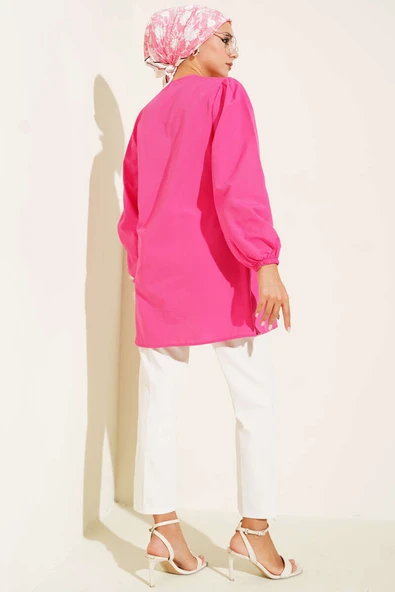 Önü Büzgülü Bağcıklı Gömlek Fuşya - Resim 3