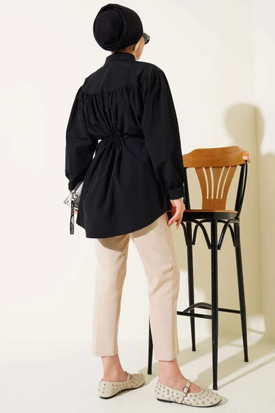 Önü Büzgülü Bel Tünelli Gömlek Siyah - Resim 3