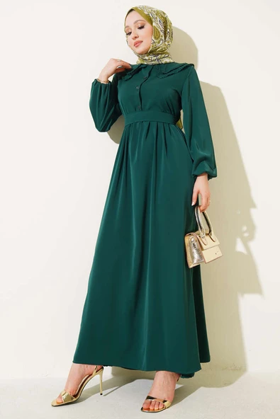 Çift Bebe Yaka Kuşaklı Elbise Zümrüt ürün görseli 1