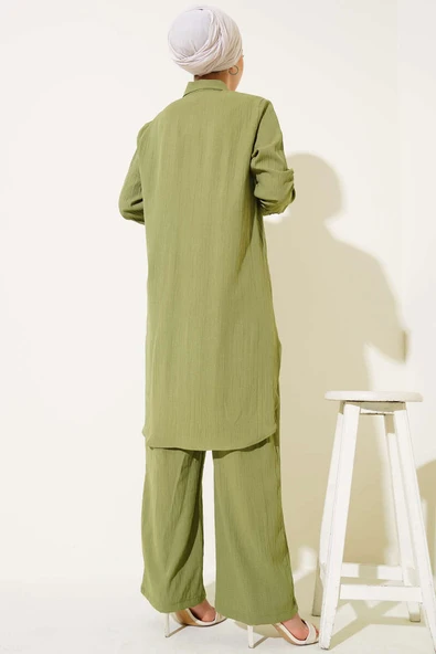 Düğmeli Ağaç Kabuğu İkili Takım Yeşil - Resim 3