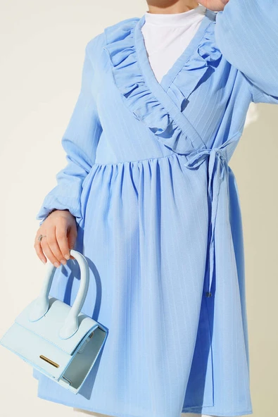 Yaka Fırfırlı Kabartma Çizgili Kimono Mavi - Resim 4