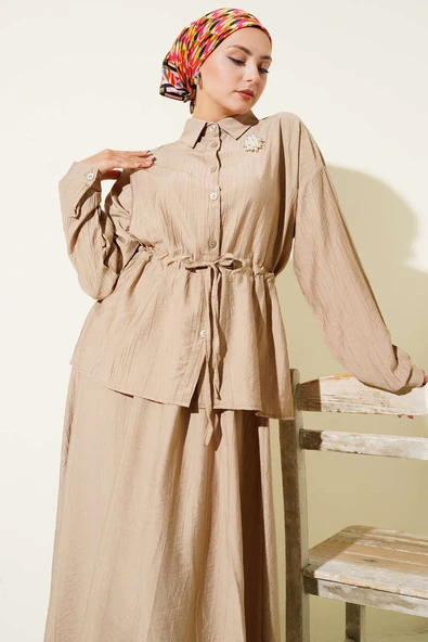 Beli Tünelli Etekli İkili Takım Latte - Resim 2