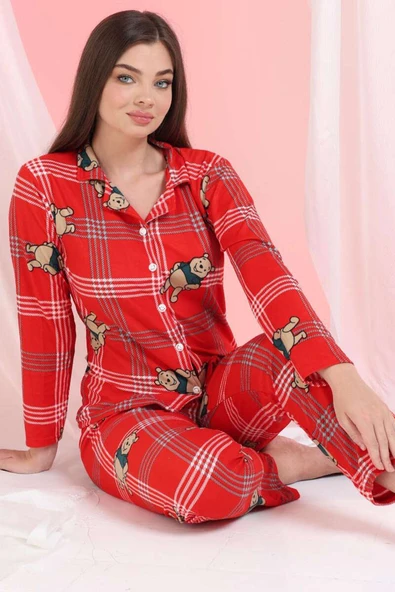 Winnie Ayıcıklı Süet Pijama Takımı Kırmızı ürün görseli 1