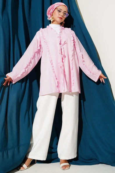 Fırfır Detaylı Kimono Pembe - 2