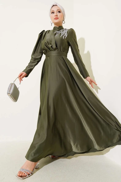 Omuz Taşlı Saten Abiye Elbise Haki ürün görseli 1