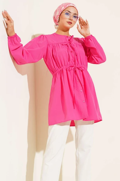 Önü Büzgülü Bağcıklı Gömlek Fuşya - Resim 2