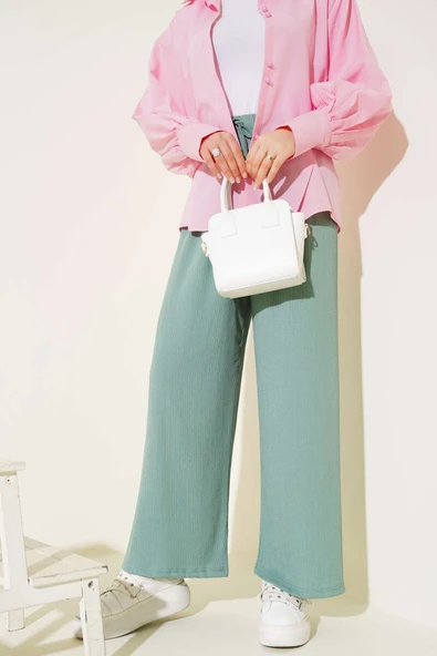 Bel İp Detaylı Bürümcük Pantolon Çağla Yeşili - Resim 2