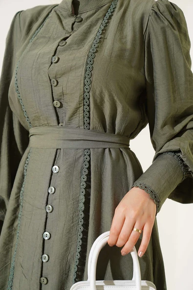 Etek Pileli Kuşaklı Elbise Haki - 4