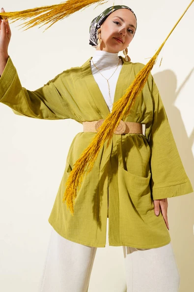 Çift Cepli Müslin Hırka Yağ Yeşili ürün görseli 1