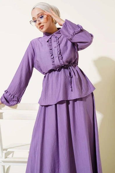 Yaka Fırfır Detaylı Etekli İkili Takım Lila - Resim 2