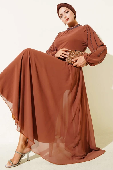 Şifon Kolları Taşlı Abiye Elbise Taba ürün görseli 1