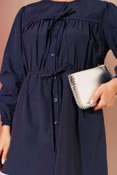 Önü Büzgülü Bağcıklı Gömlek Lacivert - Resim 4